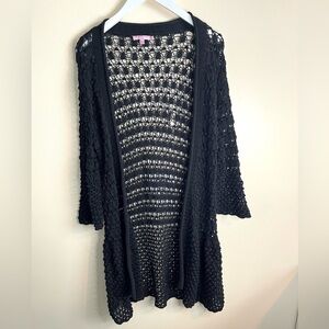 Calypso St. Barth Black Open-Knit Open Front Cardigan Boho Beachy